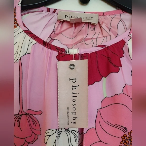 Philosophy Long Sleeved Keyhole Pleated Neckline Pink Floral Iris Print … - Picture 10 of 13